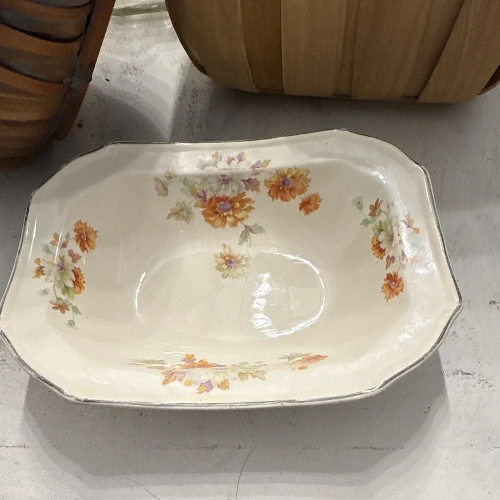 T & S Floral Octagonal Ceramic Serving Bowl, Cream Orange Purple Green Glossy